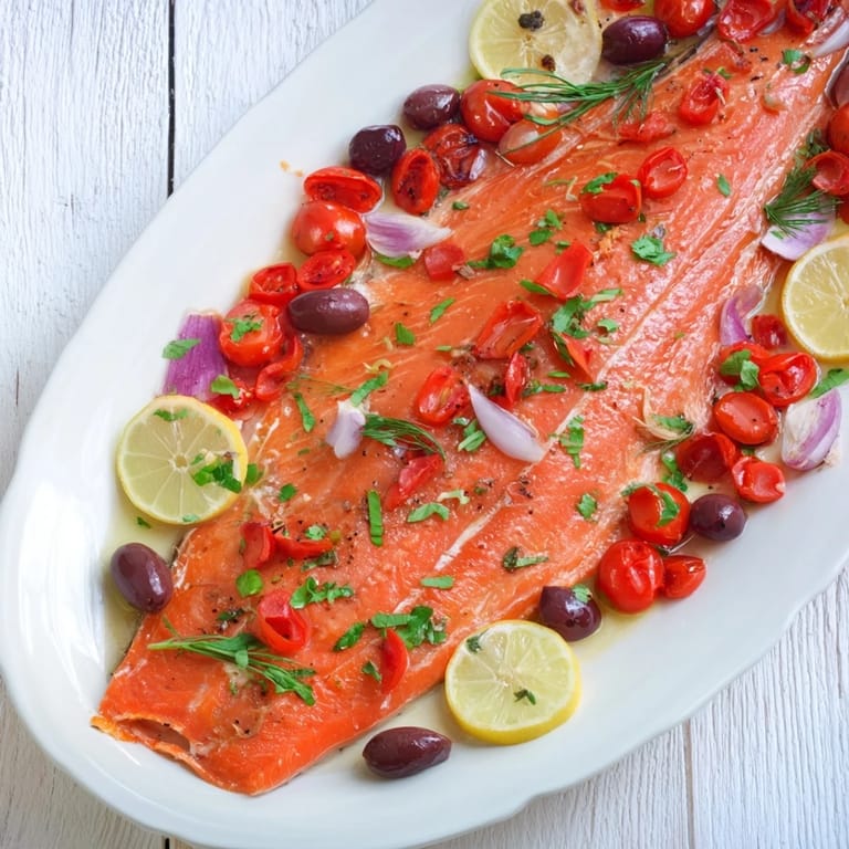 Mediterranean flavor explodes with this one-tray baked cod, brimming with colorful vegetables and herbs.