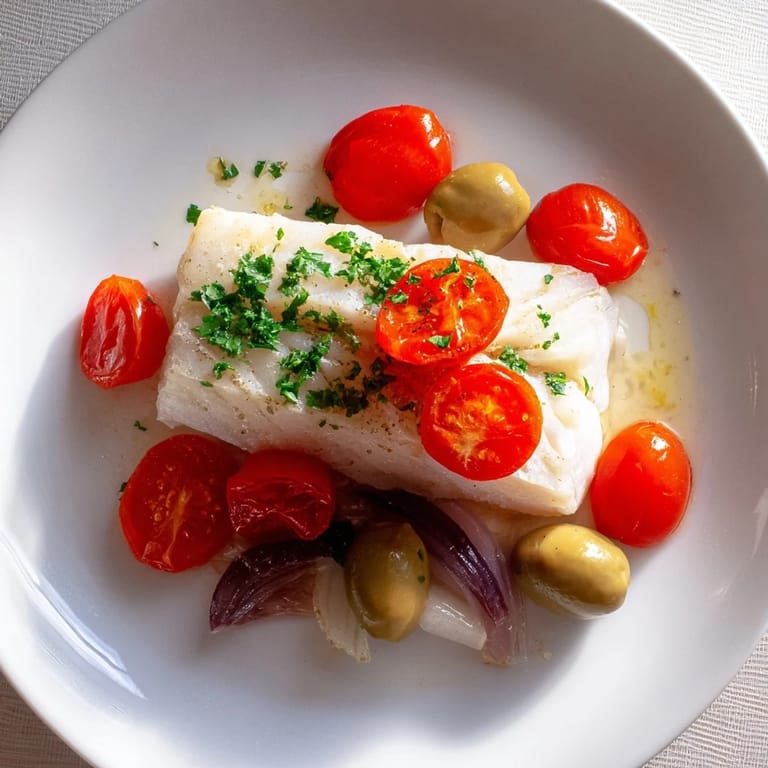 Imagine fork-tender, flaky one-tray baked cod with the delightful blend of olives, tomatoes, and herbs.