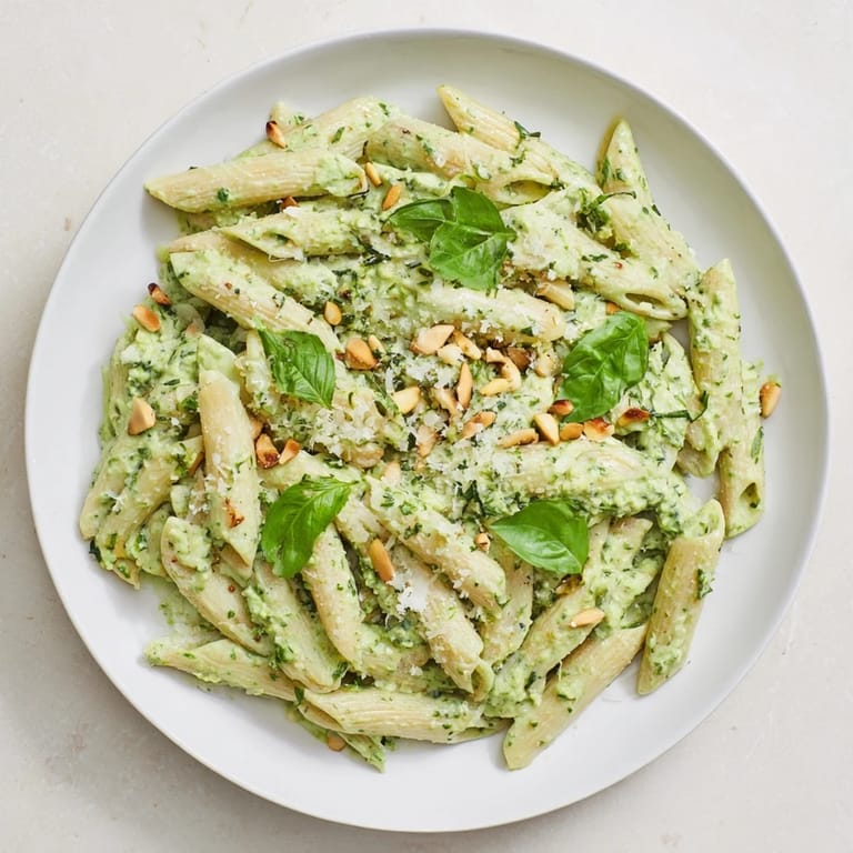 Tender penne pasta tossed in a vibrant, creamy pesto sauce, topped with fresh basil and Parmesan.