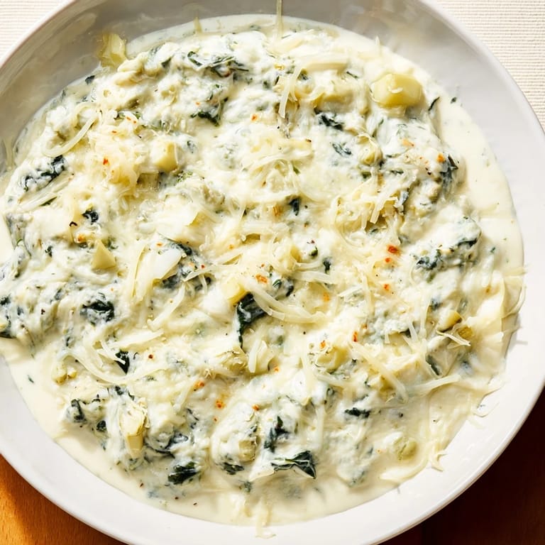 Golden-brown, bubbly Cheesy Spinach Artichoke Dip, perfect for dipping with tortilla chips.