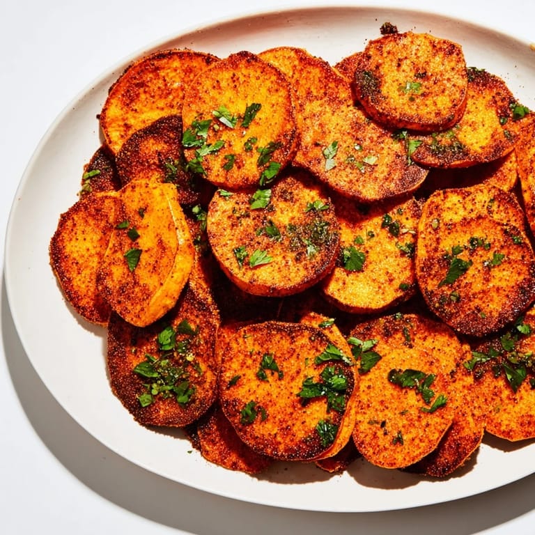 Vibrant image of oven-roasted Cajun Sweet Potatoes glistening, ready to serve with parsley.