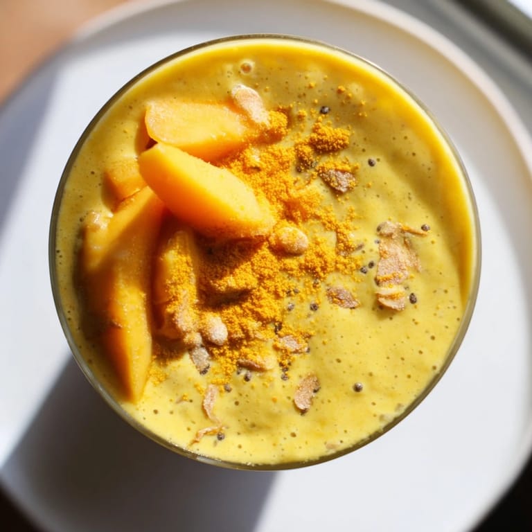This refreshing Mango Turmeric Smoothie features a tropical blend of mango, turmeric, and lime, perfect for a sunny day.