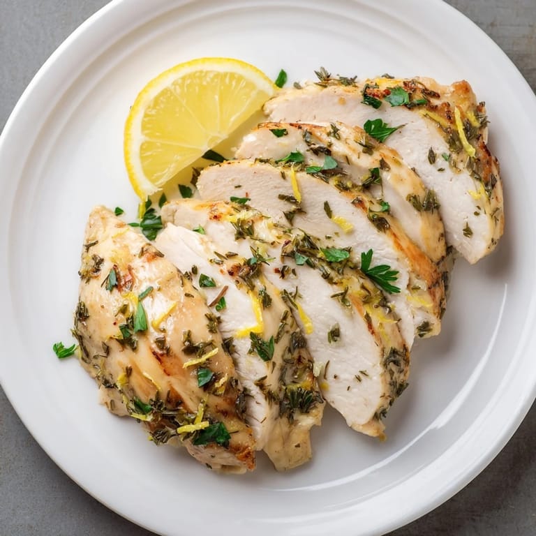Juicy Greek Lemon Herb Chicken breasts, perfectly marinated and glistening, alongside fresh parsley garnish.