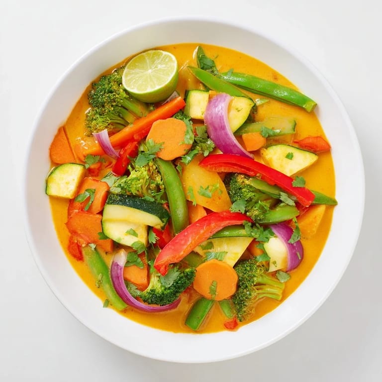 Fragrant Coconut Curry Vegetables ready to serve, garnished with cilantro and lime wedges.