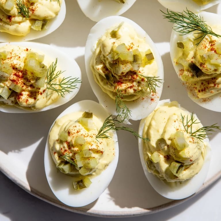 Tangy Dill Pickle Deviled Eggs, perfectly arranged and ready to be served at your next gathering.