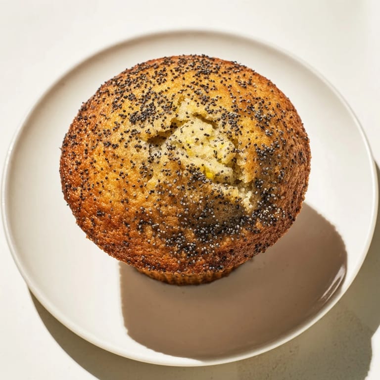 Golden-brown Lemon Poppy Seed Muffins, still warm from the oven, offering a delightful aroma.