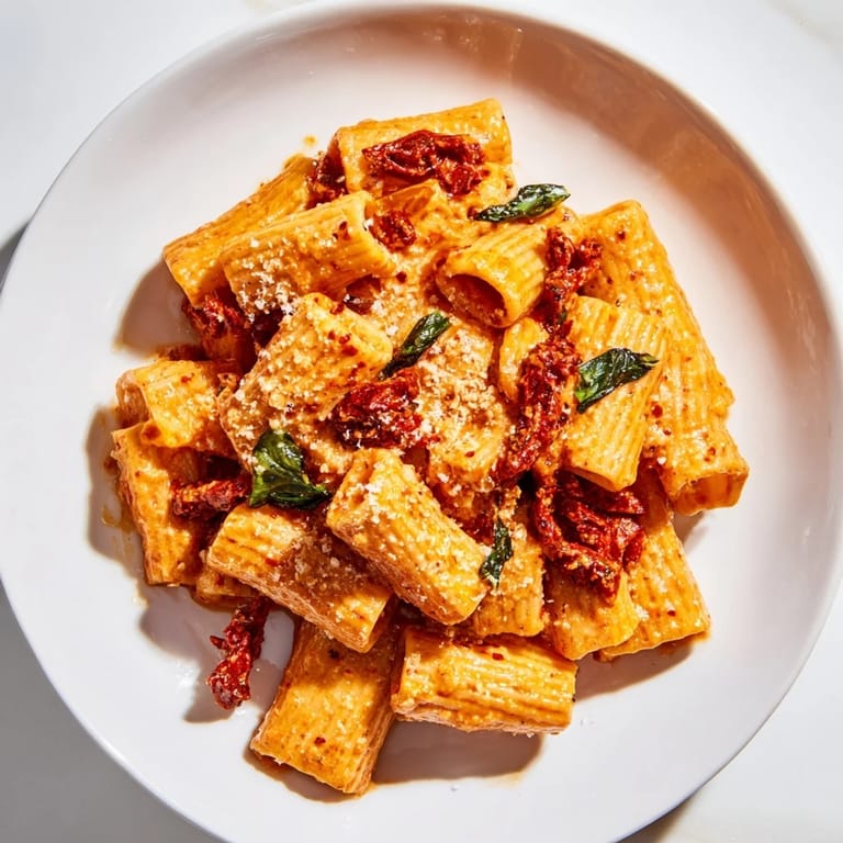 Delectable Creamy Sun-Dried Tomato Pasta, beautifully plated, ready to savor the rich, tomato flavor.