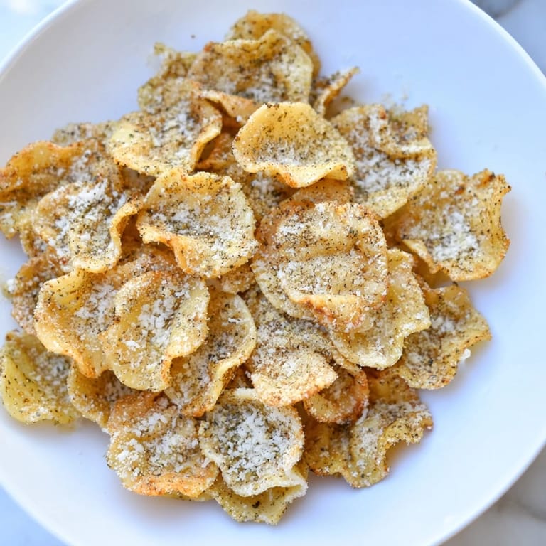 Air-fried Crunchy Parmesan Pasta Chips, perfectly crisp and ready to dip in rich red marinara sauce.