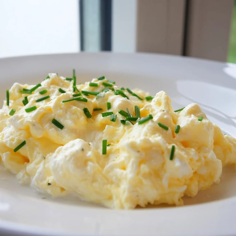 Beautifully yellow Cottage Cheese Scrambled Eggs garnished with fresh herbs, a protein-packed and flavorful morning meal.