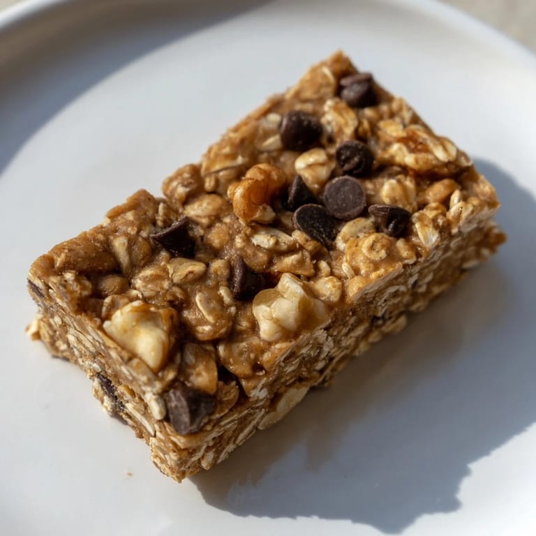 Homemade Peanut Butter Banana Oat Bars, showing a cut bar revealing a dense texture with chocolate chips.