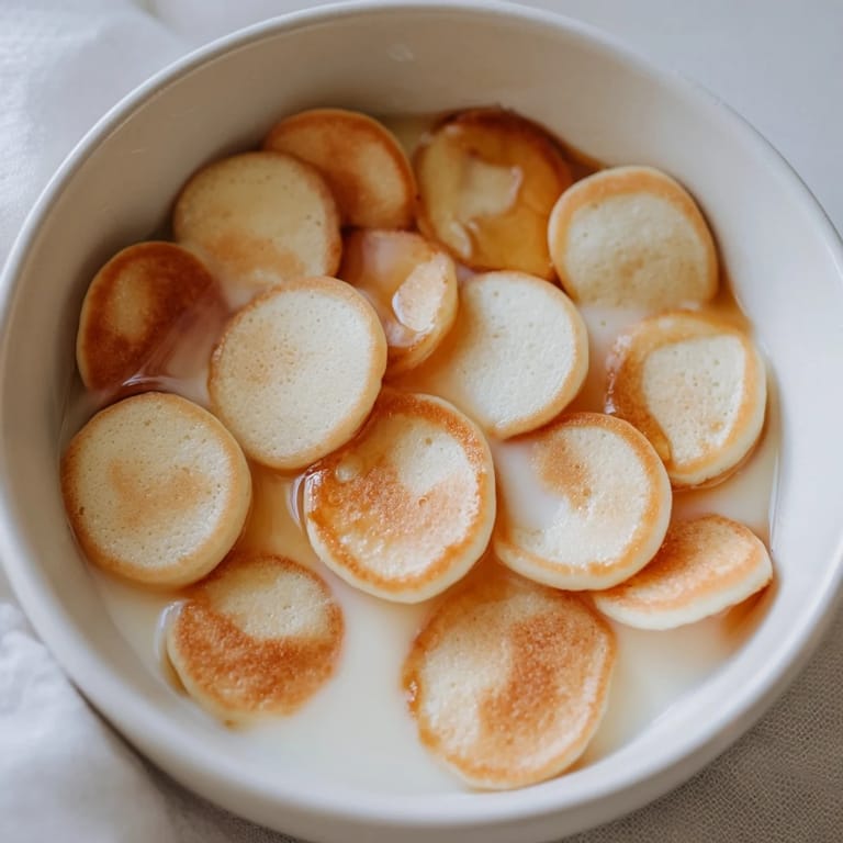 A bowl overflowing with bite-sized pancake cereal, perfectly paired with maple syrup and cold milk.