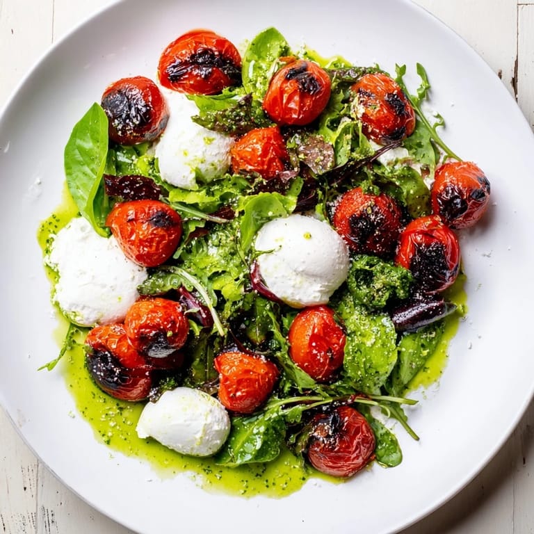 A close-up of a delightful Charred Tomato Salad with blistered tomatoes and a balsamic drizzle.