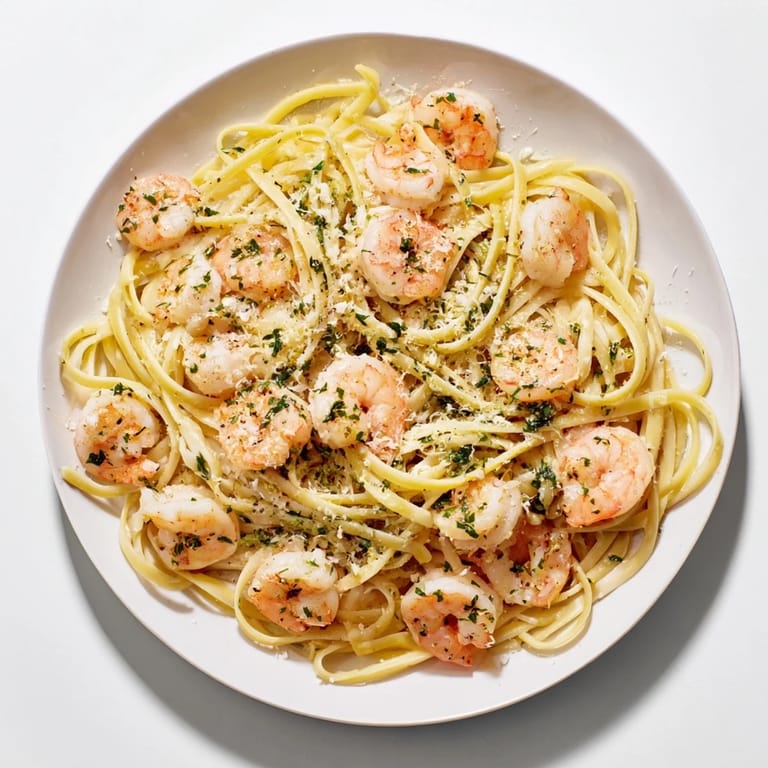 Close-up of a colorful bowl of Lemon Herb Pasta, showcasing fresh shrimp and bright lemon slices.