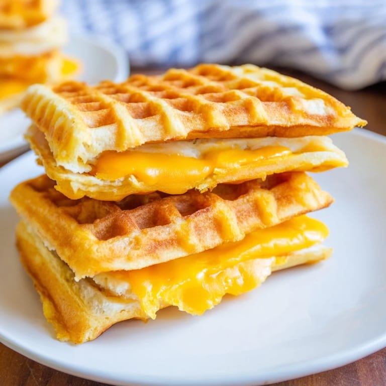 Perfectly cooked Waffle Grilled Cheese sandwich, promising a satisfyingly crunchy bite and melted cheese center.