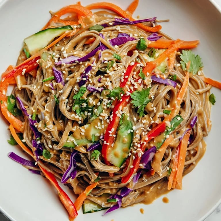 Close-up of a delicious soba noodle salad, featuring tender noodles and a creamy, flavorful dressing.
