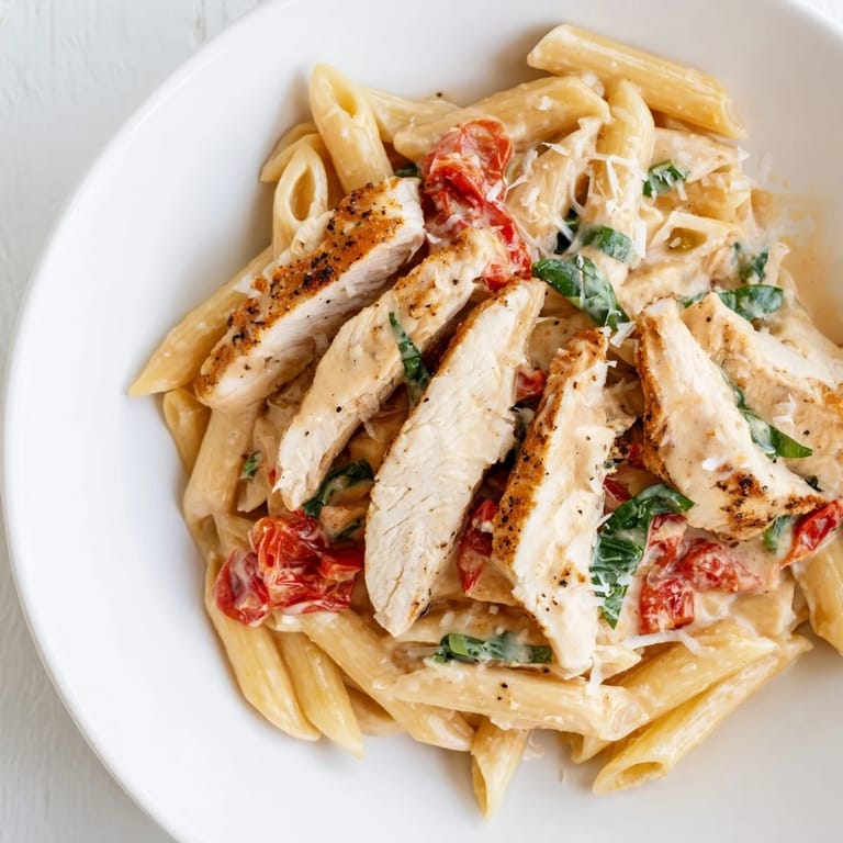 Steaming bowl of Creamy Tomato Basil Chicken Pasta, showcasing tender chicken and rich sauce.