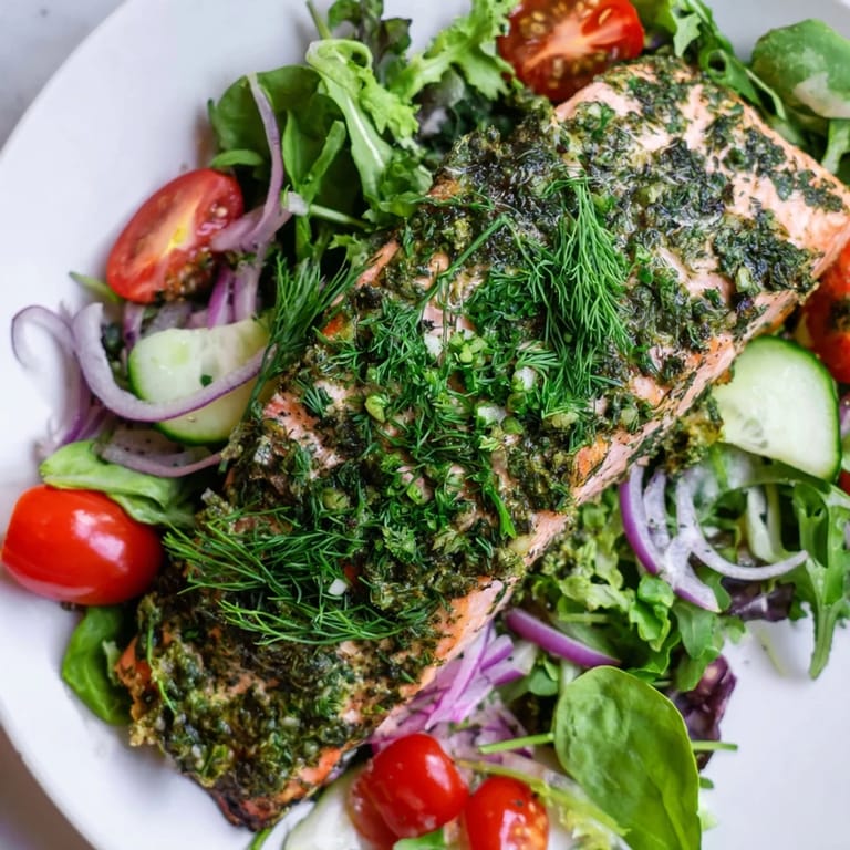 Warm, herb-baked salmon beautifully complements a fresh green salad in this Herb-Crusted Salmon Salad.
