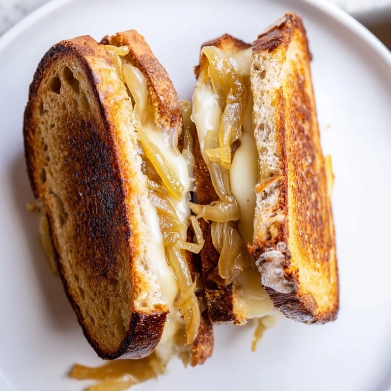 Buttery, crisp, and melty: a close-up of a perfectly cooked Caramelized Onion and Gruyère Grilled Cheese sandwich.