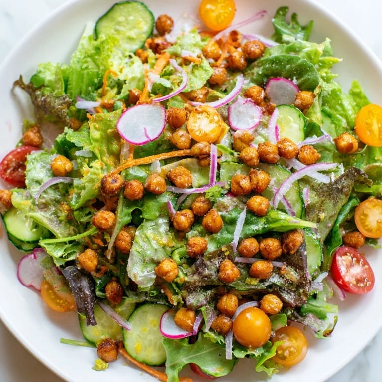 Light and plant-based, this Mixed Greens Salad features delightful crispy chickpea croutons and fresh produce.