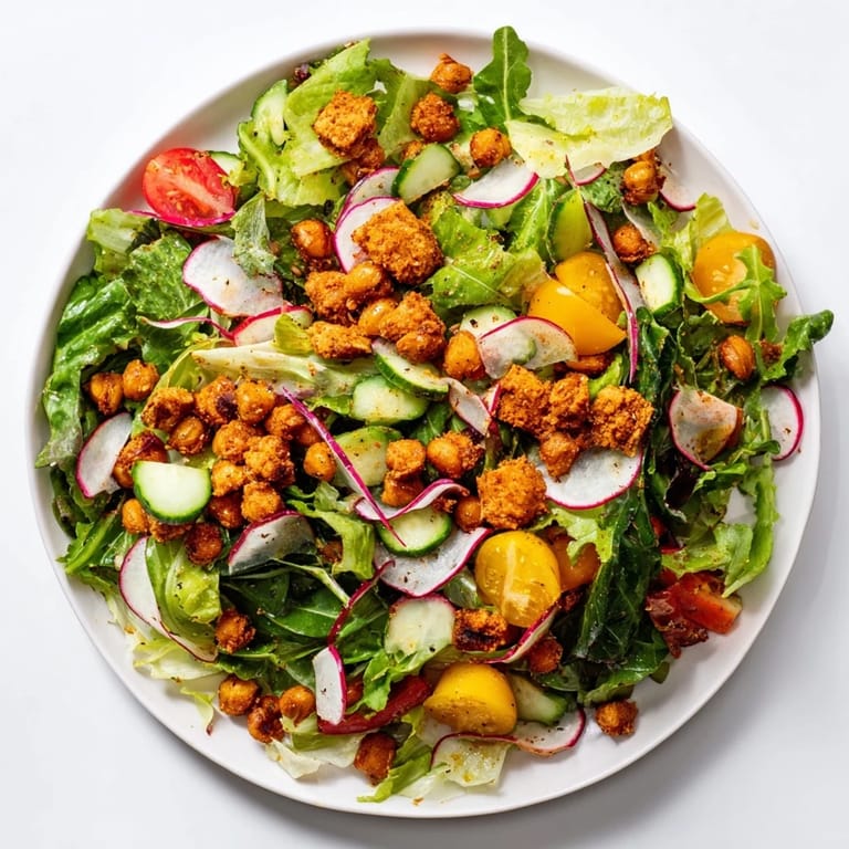 Fresh and flavorful Mixed Greens Salad is topped with spiced, crispy, flavorful chickpea croutons.