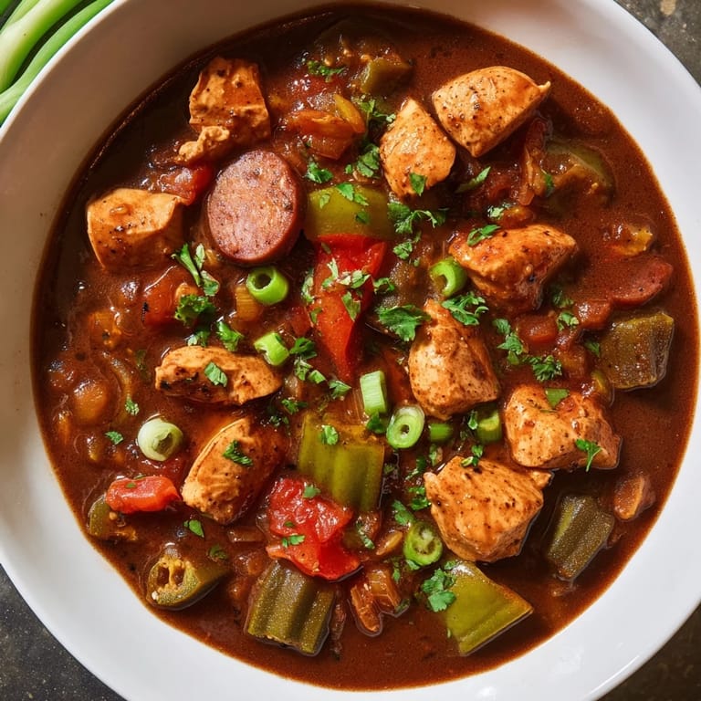 A vibrant close-up of a flavorful Gumbo Okra Soup, perfectly garnished and ready to eat.