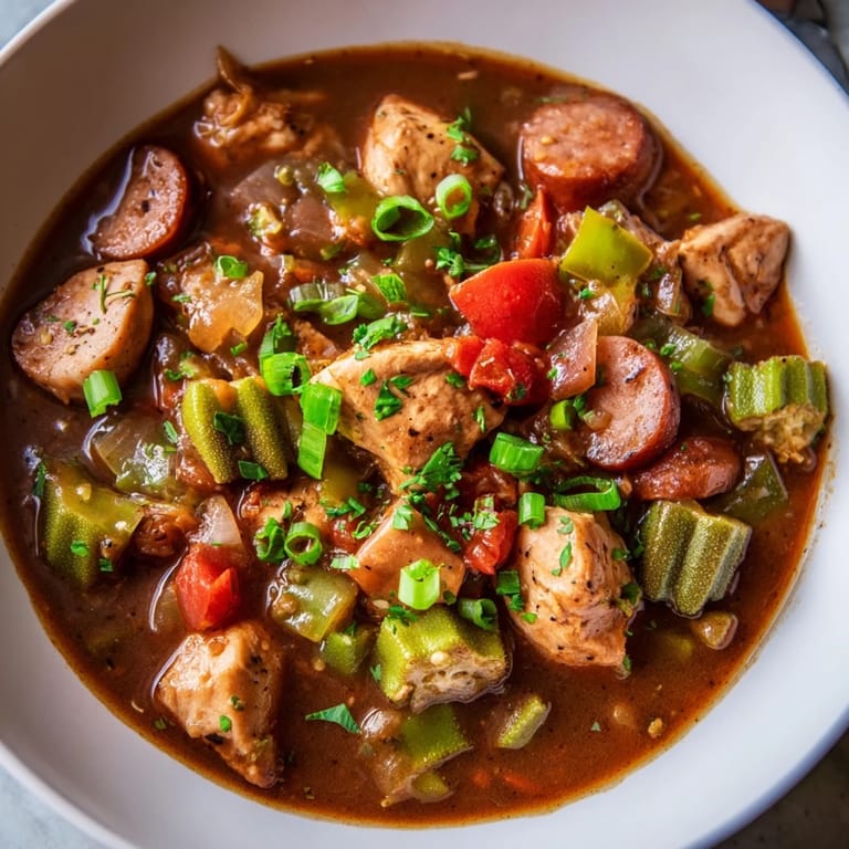Hearty Louisiana Gumbo Okra Soup bubbling in a pot, smelling of delicious spices and vegetables.