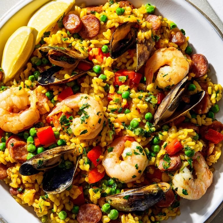 Close-up of a rustic paella Spanish rice, brimming with chorizo, chicken, and colorful bell peppers.