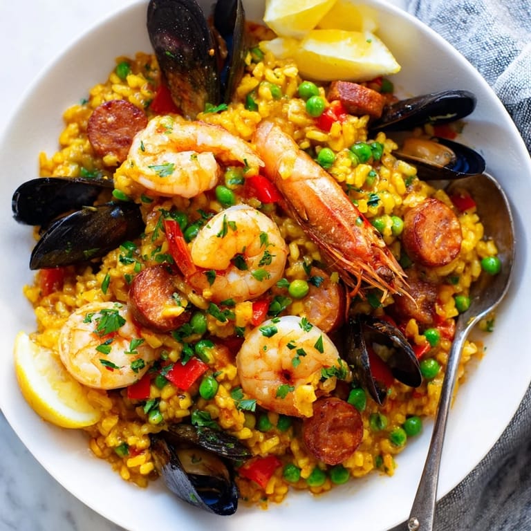 A steaming paella Spanish rice dish, showcasing plump shrimp and mussels amid saffron rice.