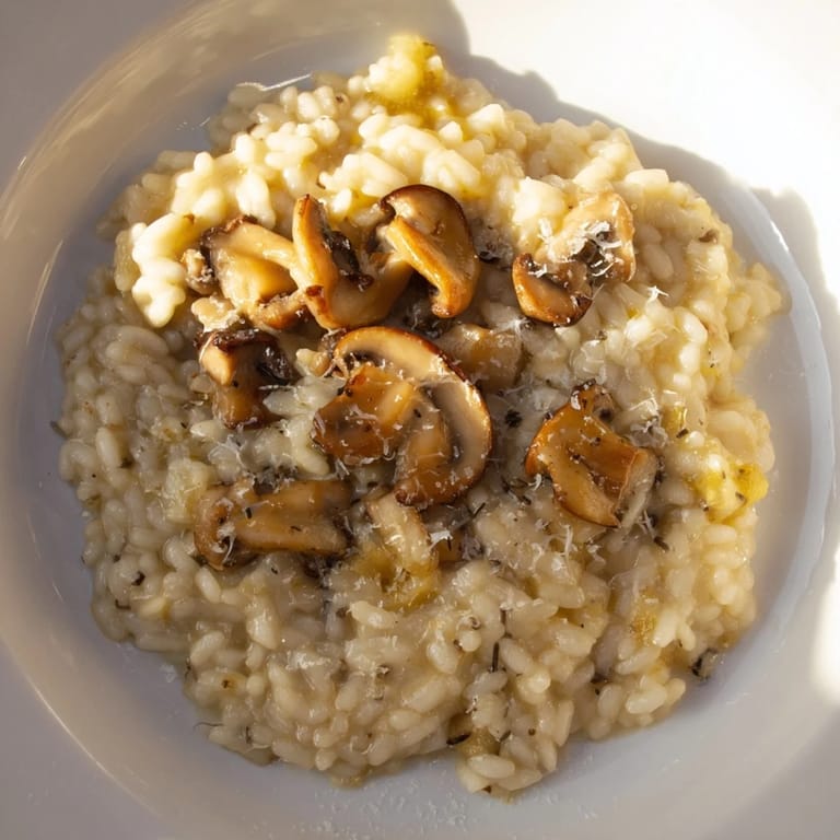 Creamy, golden risotto with mushrooms showcasing tender Arborio rice and savory flavors.