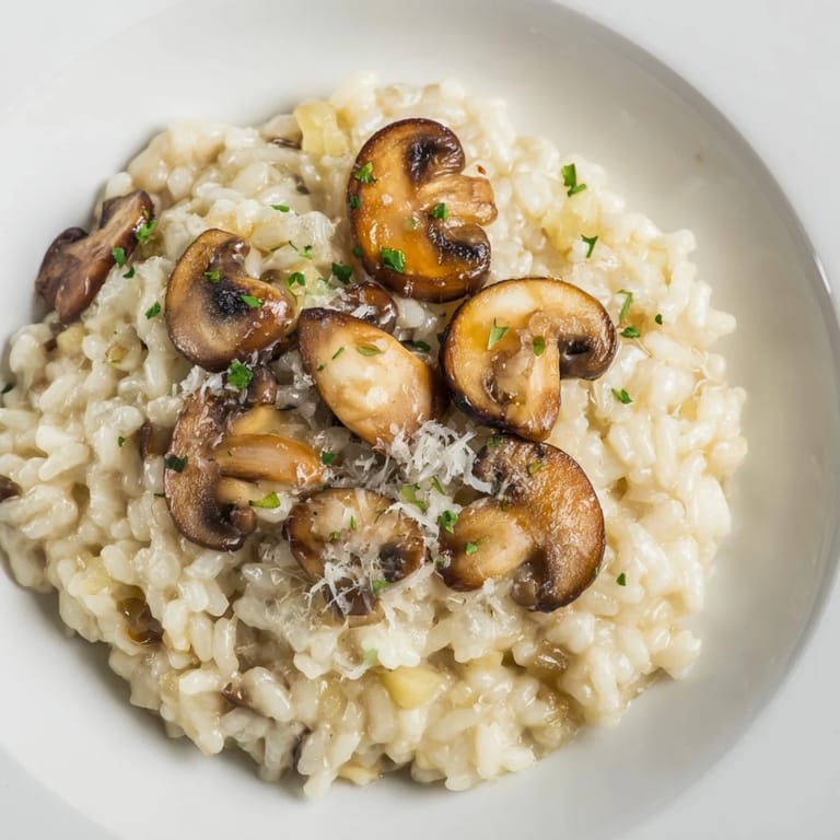A close-up view of flavorful homemade risotto with mushrooms, perfect for a cozy dinner.