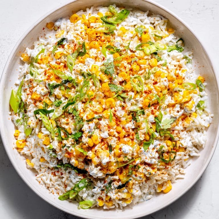 Creamy Mexican Street Corn Rice with chili powder, ready to enjoy alongside your favorite grilled food.