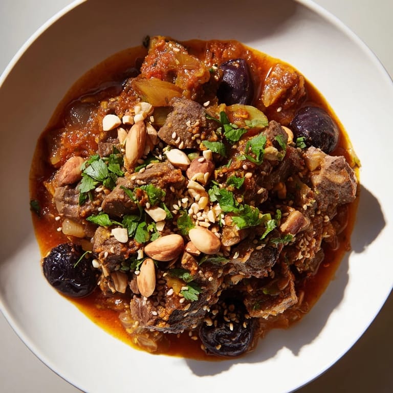 Fragrant and flavorful Moroccan Lamb Tagine, perfect for serving with fluffy couscous and fresh herbs.