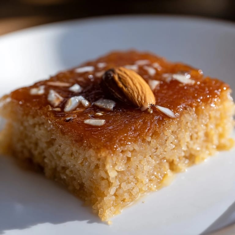 A close-up shot of the moist, sweet Egyptian Basbousa, perfect for sharing as a dessert.