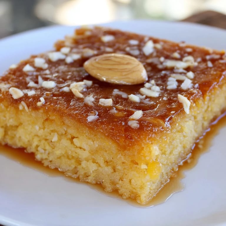 Enjoy this warm, delicious Egyptian Basbousa dessert with a sweet syrup drizzle.