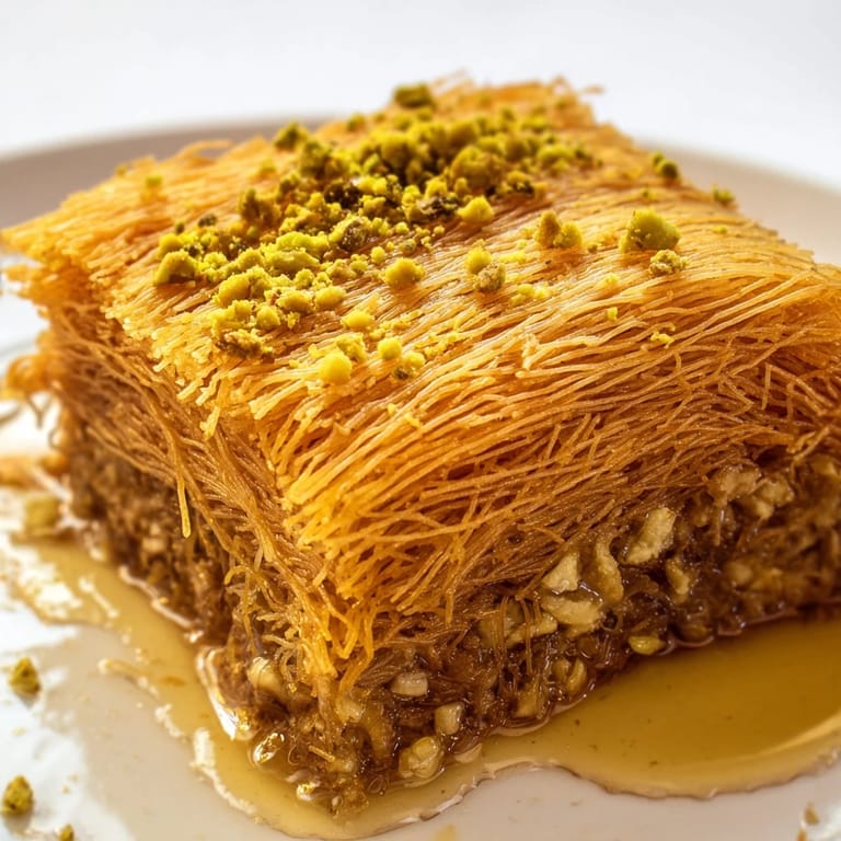 Close-up photo of the perfectly baked Egyptian Konafa, showcasing layers of pastry and nuts.
