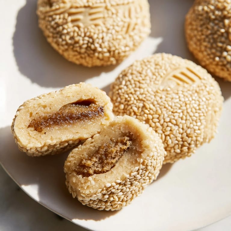 Close-up of buttery Palestinian Kahk, a delightful cookie with hidden date filling, perfect with mint tea.