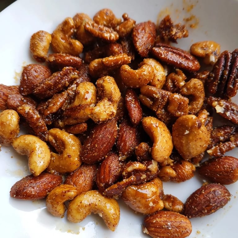 Cooling Spiced Nuts Mix clusters glisten on parchment, filled with almonds, cashews, pecans, and walnuts.