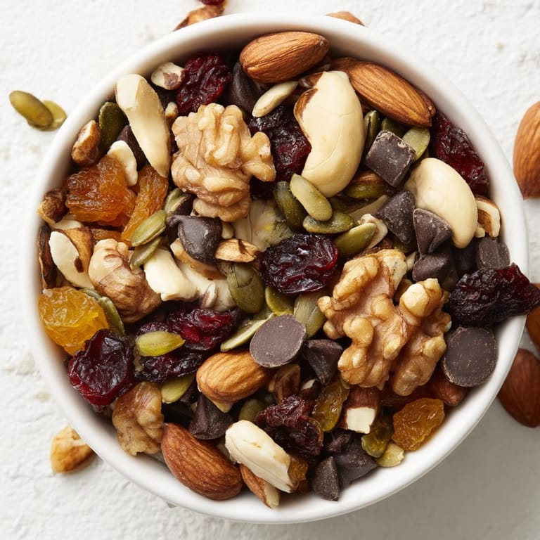 Freshly mixed Trail Mix Custom in a glass jar, showcasing a medley of nuts, seeds, dried fruits, and chocolate chips, ideal for vegetarian and gluten-free snacking.