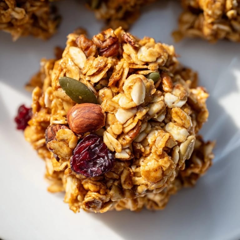 Granola Clusters baked to perfection, featuring crunchy rolled oats, mixed nuts, and a drizzle of honey on a baking sheet.