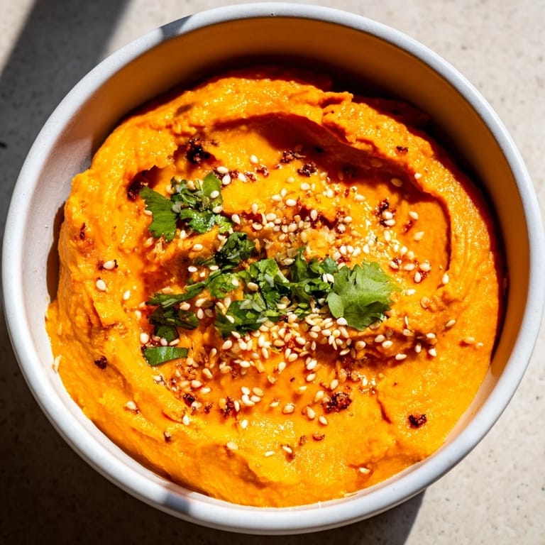 Savory Carrot Ginger Dip garnished with cilantro, presented alongside pita chips on a wooden serving board for dipping.
