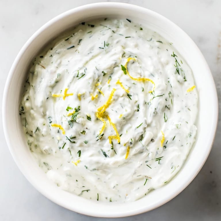 Freshly prepared Greek Yogurt Herb Dip in a white ceramic bowl, topped with lemon zest and chopped parsley, next to pita chips.