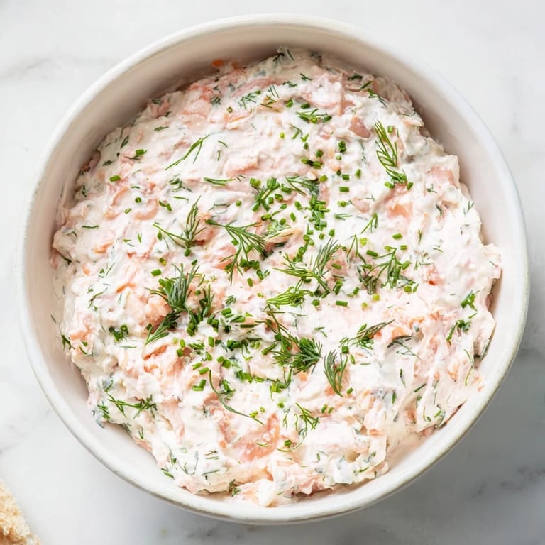 Smoked salmon dip topped with chopped dill and chives in a serving dish, surrounded by crackers and cucumber slices on a platter.