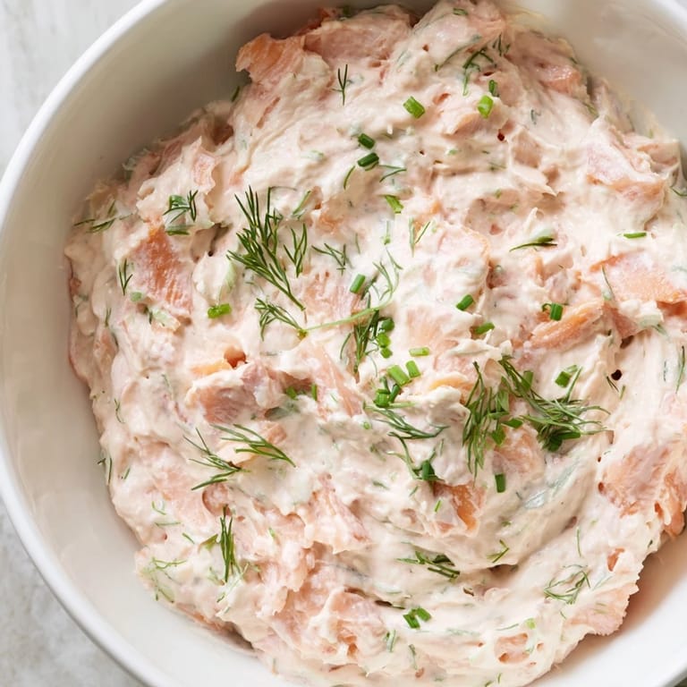 A light, airy bowl of smoked salmon dip garnished with lemon zest and extra dill, ready for entertaining with rye bread.