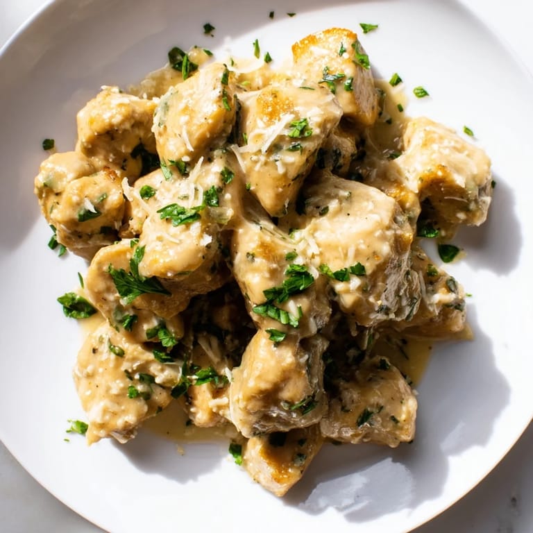 Tender Creamy Garlic Chicken Bites served over steamed rice with crusty bread on the side.