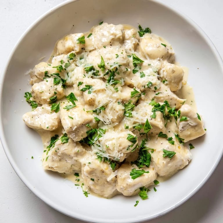 Close-up of Creamy Garlic Chicken Bites coated in a creamy Parmesan garlic sauce, ready to serve.