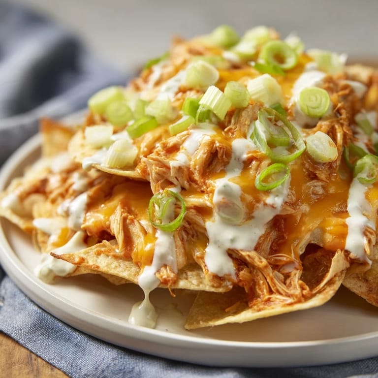 Crispy tortilla chips topped with buffalo chicken and melted cheddar for easy game-day entertaining, ready in minutes.
