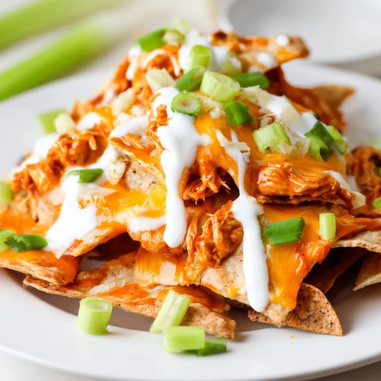 Fresh green onions and diced celery garnish these Buffalo Chicken Nachos, served hot with ranch dressing for dipping.