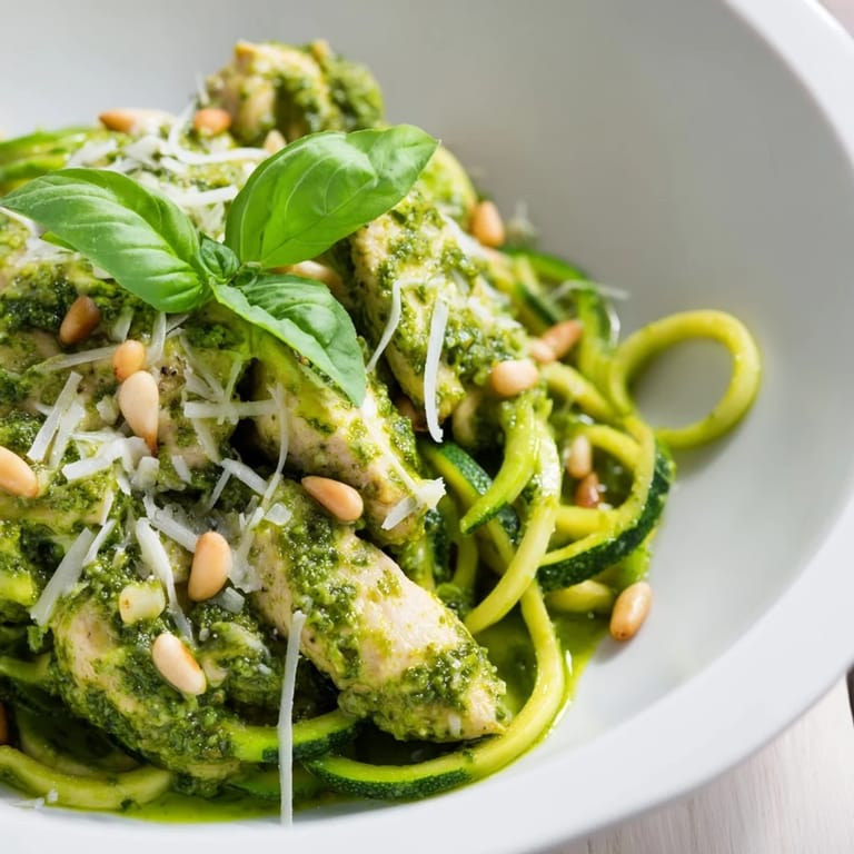 A close-up of the Pesto Zucchini Chicken Bowl garnished with toasted pine nuts and shaved Parmesan cheese.  