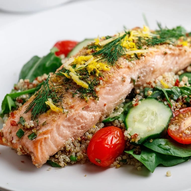 Warm Lemon Herb Salmon Salad plated for dinner, highlighting tender fish over greens, herbs, and a zesty citrus dressing.