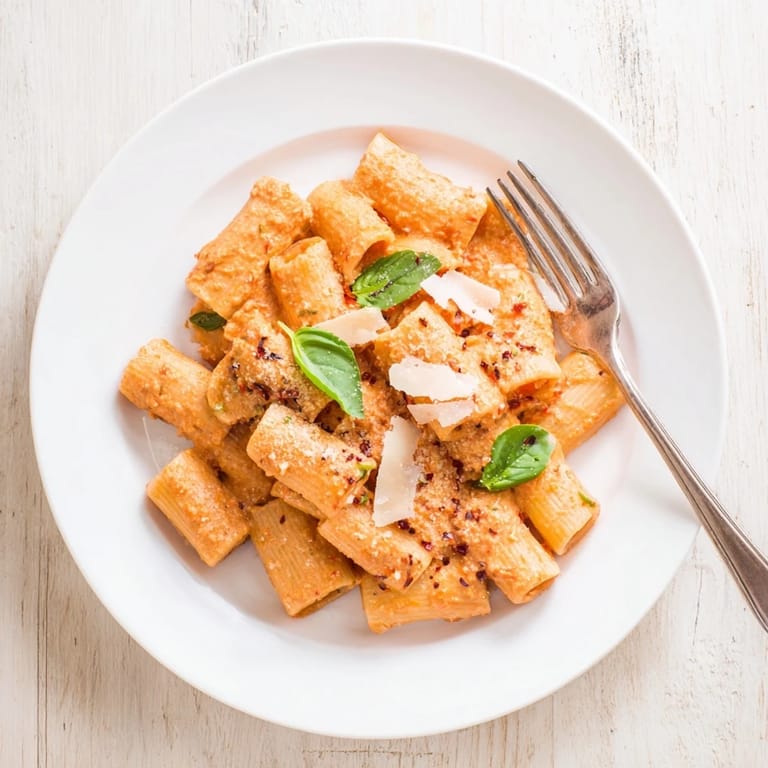 Steam rises from penne coated in a rich roasted red pepper sauce with garlic and cheese.